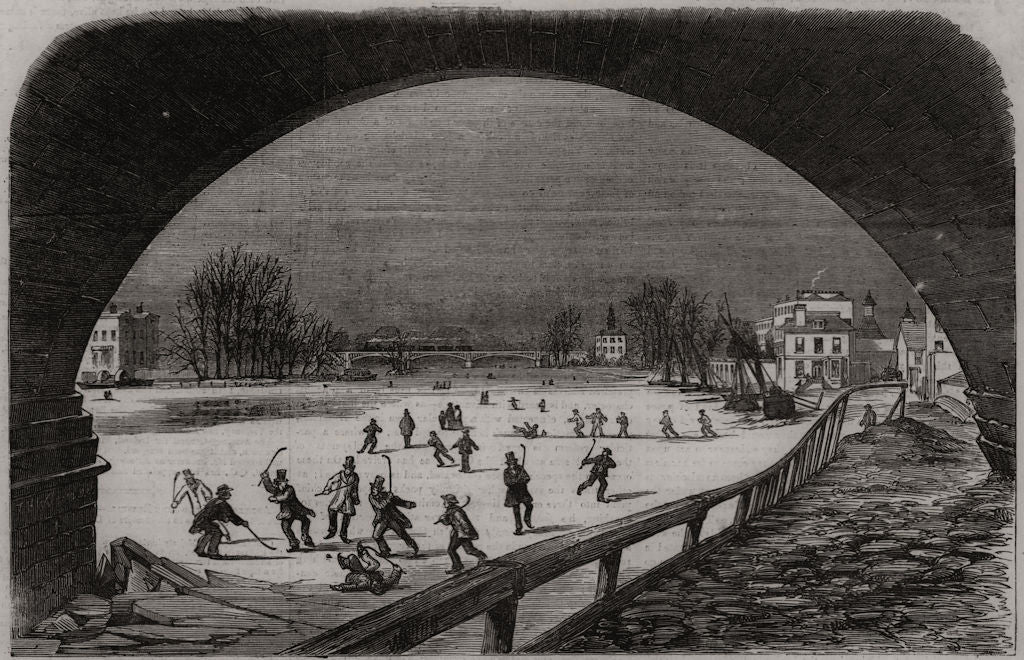 Playing ice hockey on the frozen Thames at Richmond. London 1855 old print